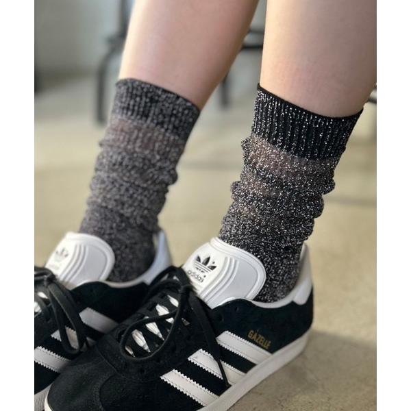 靴下 「7色展開」シアーラメリブロングソックス レディース