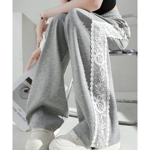 スウェットパンツ ジャージ 「新色追加」レース切替フラワーパターンワイドスウェットパンツ レディース