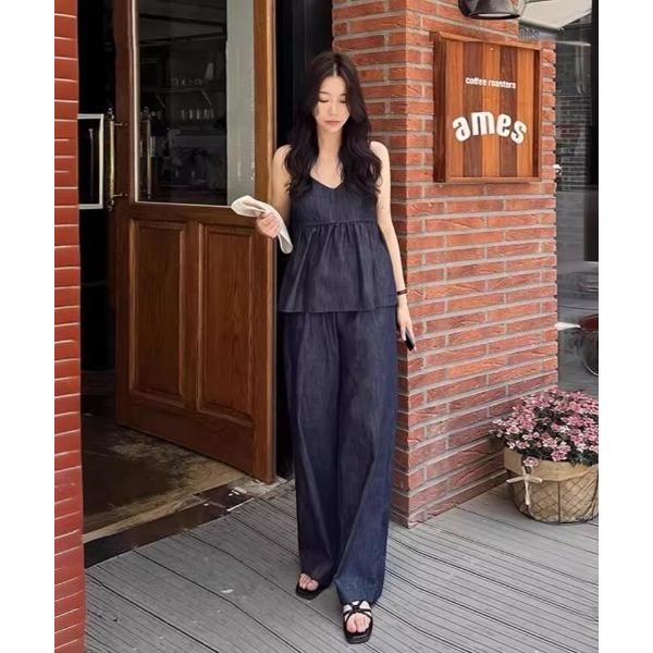 パンツ デニム風ノースリーブタンクトップ+パラッツォパンツ セットアップ レディース