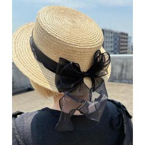 帽子 ハット カンカン帽オーガンジーリボン レディース