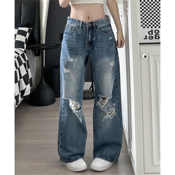 ワイドパンツ ジーンズ デニム デニムパンツ ダメージ加工ワイドデニムパンツ レディース