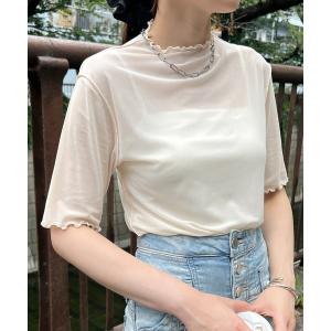 tシャツ シアーハイネック　メッシュ半袖トップス レディース