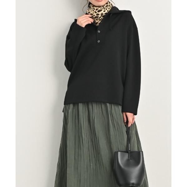 パーカー もっちりきれいめボタンアクセントフーディ｜上品パーカー 軽量 伸縮 やわらか 美シルエット...