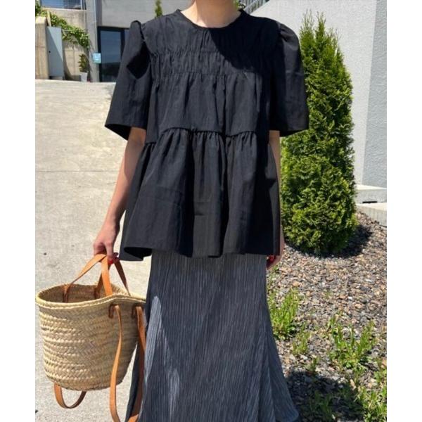 ブラウス シャツ 丸襟バブルショートスリーブシャーリングベビードールトップス レディース