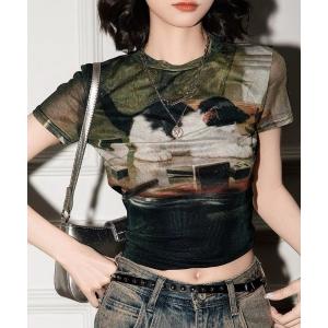 tシャツ 半袖 「猫プリント × シアー素材」キャットフォト グラフィック シアー メッシュ クロップド Tシャツ レディース