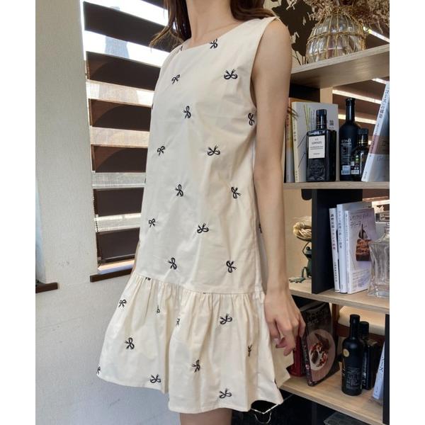 ワンピース リボン柄 刺繍 ギャザー切り替え クルーネック ノースリーブ ミニワンピース