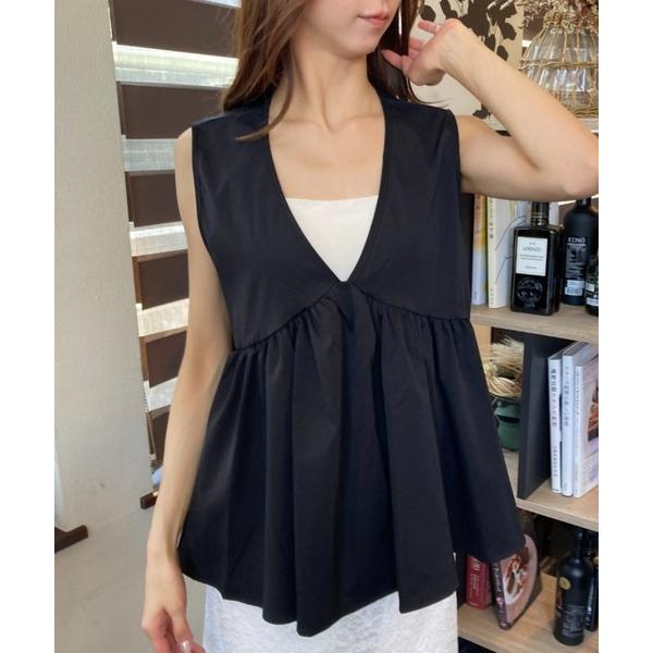 ブラウス シャツ Vネックノースリーブペプラムデザイン ウエストギャザー フレアチュニック レディー...