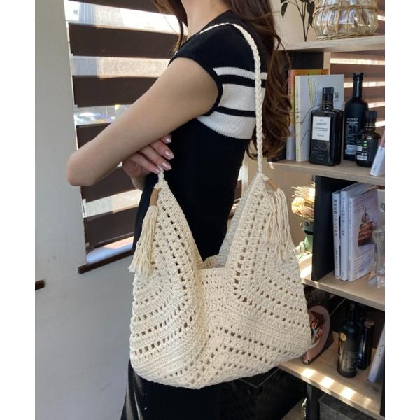 トートバッグ メッシュ編み かぎ編み タッセル付き トートバッグ ワンショルダーバッグ 夏 レディー...