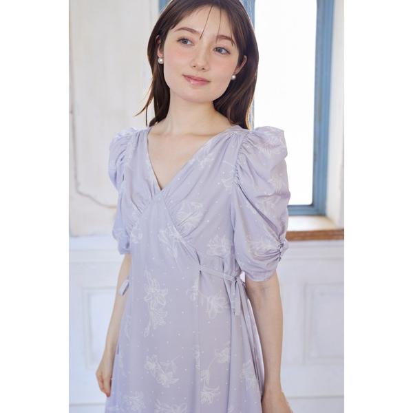 ワンピース サイドリボン付きパワーショルダーフラワープリントワンピース