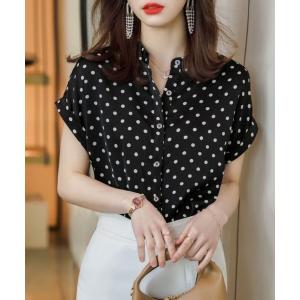 ブラウス シャツ ドット柄 ノーカラー フレンチスリーブ ブラウス レディース