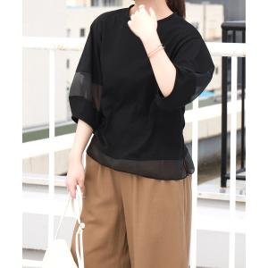 tシャツ 半袖 オーガンジー切り替えランタンスリーブプルオーバー レディース