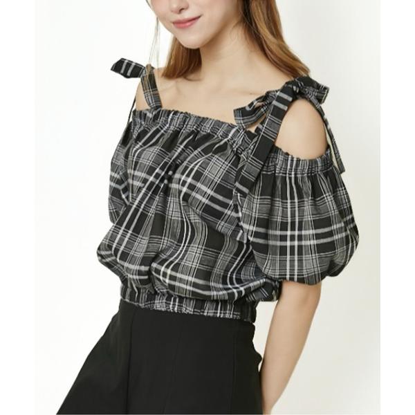 ブラウス シャツ 「肩リボン×ふんわりギャザー」オフショルチェックブラウス／クラシカルガーリー レデ...