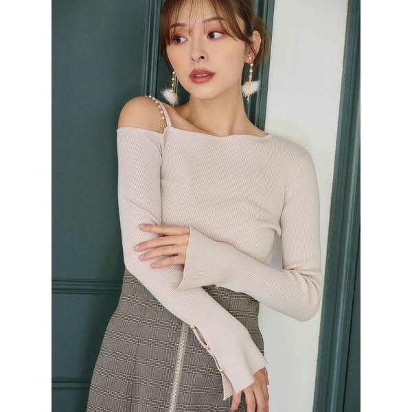 ニット セーター アシメパールチェーンワンショルニット レディース