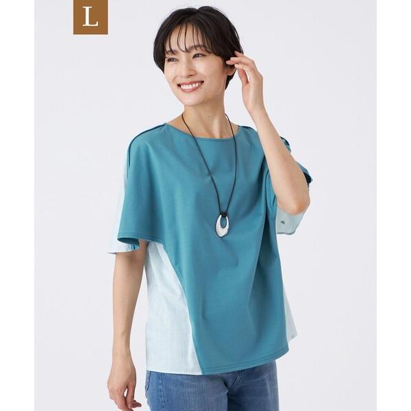 tシャツ 「L」「マシンウォッシャブル」ストライプジャカードコンビカットソー レディース