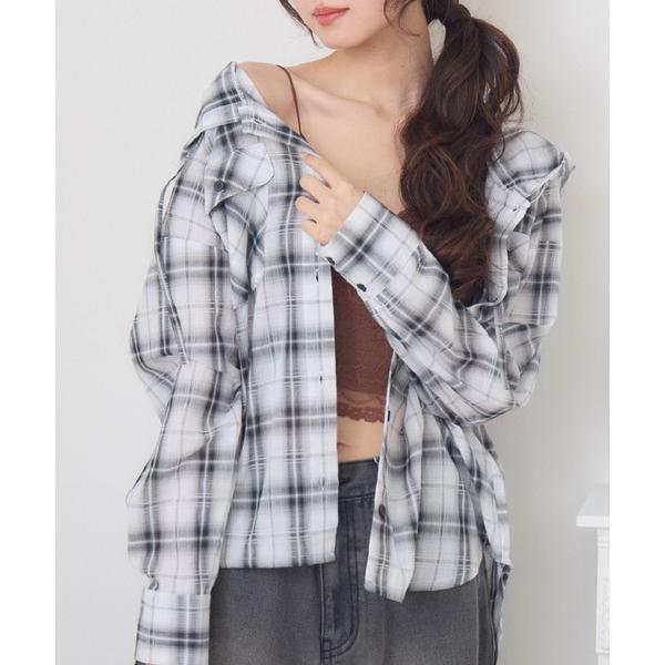 ブラウス シャツ フード付シアーチェックSH レディース