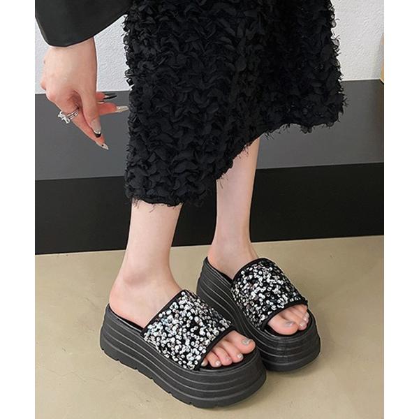 サンダル 厚底ビジュースライドサンダル / キラキラ映えアイテム 韓国ガーリー(CZ) レディース