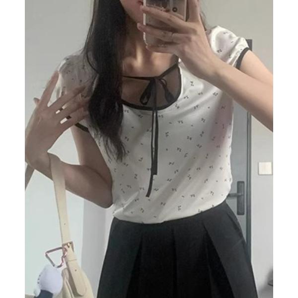 tシャツ フラワーデザインリボンパフ半袖 レディース