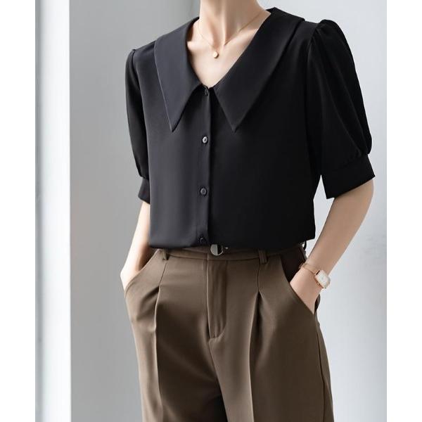 ブラウス シャツ 半袖 ビッグカラー×パフスリーブ シフォンブラウス レディース