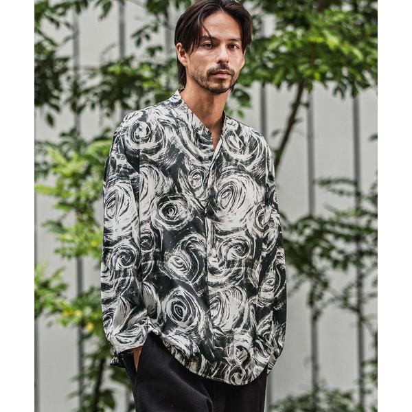 シャツ ms6188-総柄スタンドカラープルオーバーシャツ メンズ