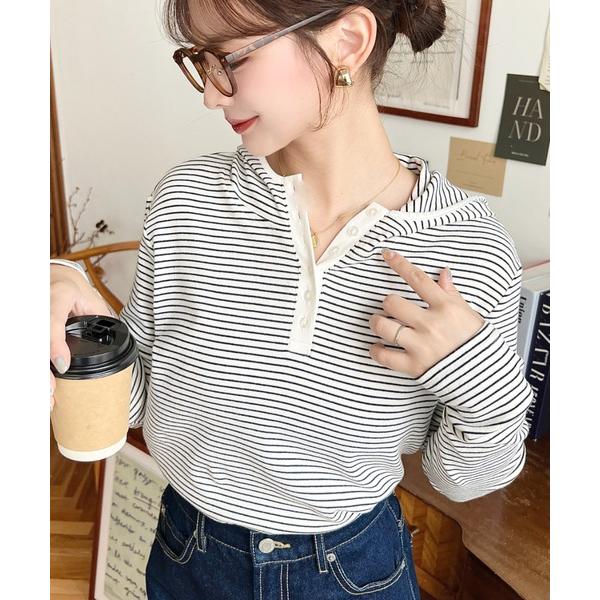 tシャツ ヘンリーネックボーダーフーディー レディース