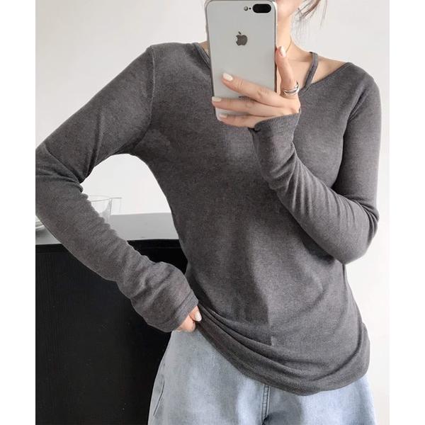 tシャツ ストラップデザイン入りリブカットソー レディース