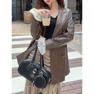 ジャケット テーラードジャケット カフスレースフェイクレザージャケット レディース