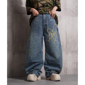 ジーンズ ハート刺繍 バレルレッグ ジーンズ / Heart Embroidery Barrel Leg Jeans メンズ レディース