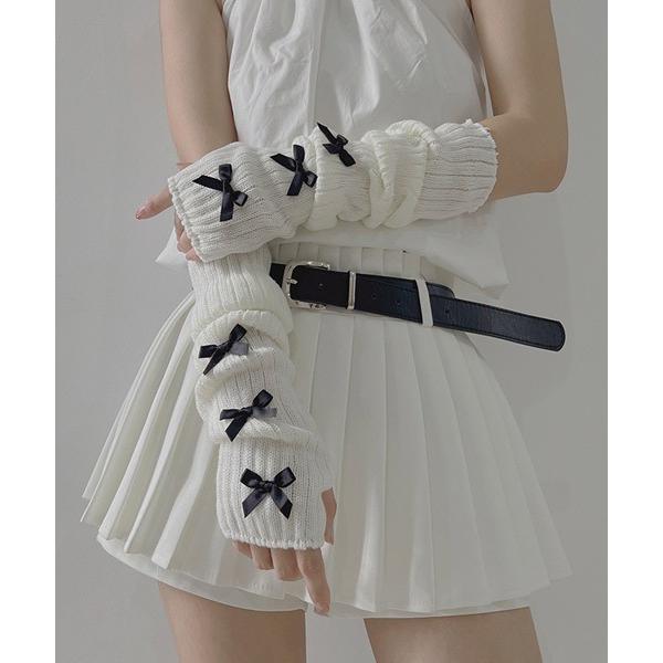 アームカバー リボンリブニットロングアームウォーマー レディース