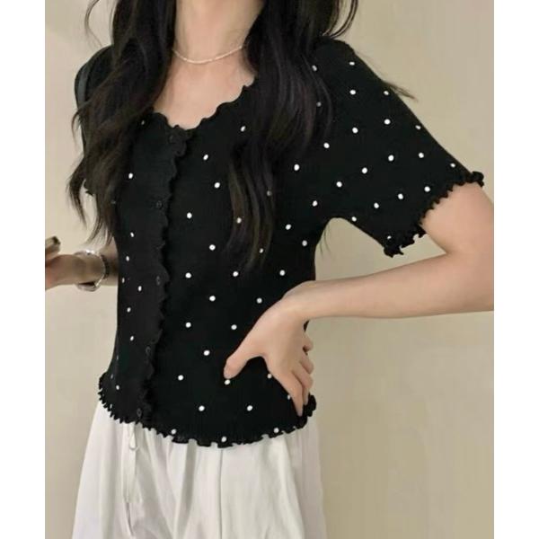 ニット セーター ミニドット柄フロントボタンVネック半袖ニット レディース