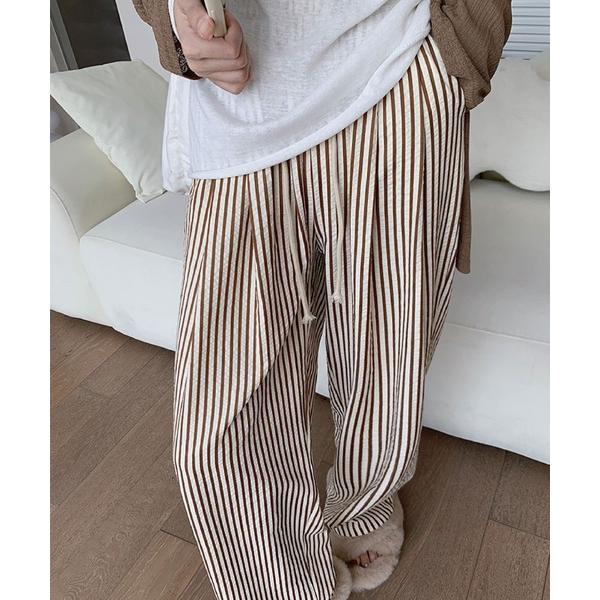 パンツ ナチュラルストライプの楽ちんワイドパンツ レディース