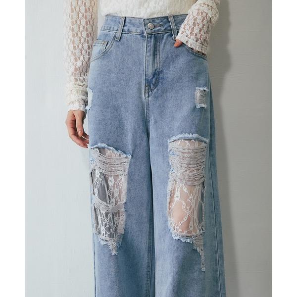 ワイドパンツ ジーンズ デニム デニムパンツ レース付きダメージデニムパンツ レディース
