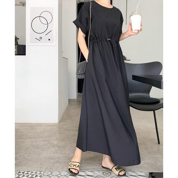 ワンピース ラウンドネック ウエストマーク半袖ワンピース