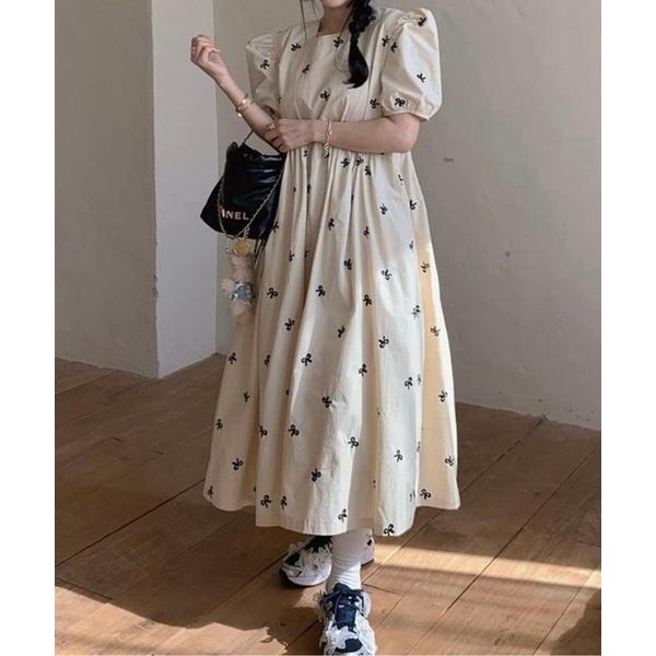 ワンピース リボン柄パフスリーブフレンチワンピース