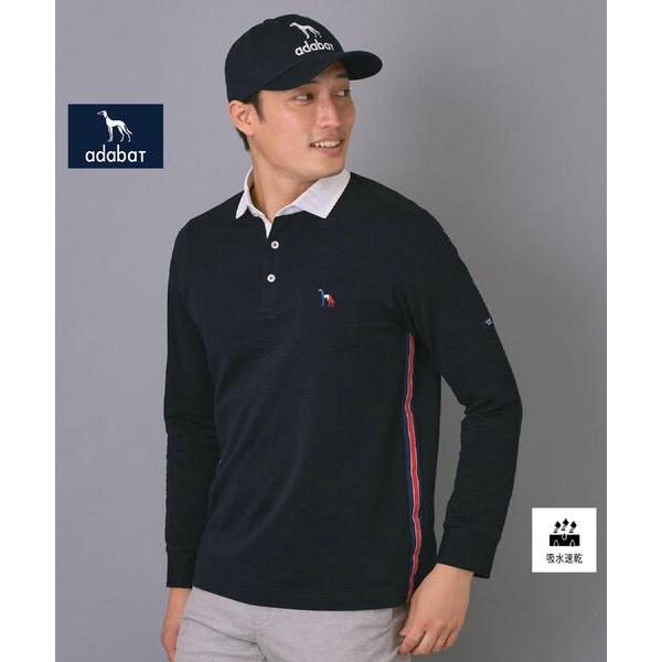 ポロシャツ 「新レーベル ADABAT NAVY」吸水速乾 サッカーストライプ長袖ポロシャツ メンズ