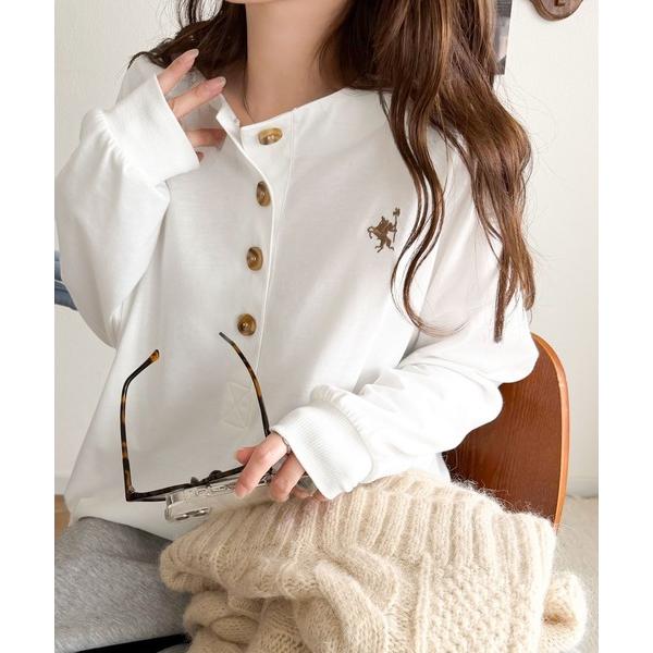 tシャツ 着回し力抜群♪リラックスシルエットで程よい抜け感胸刺繍ヘンリーネックトップス レディース