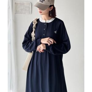 ワンピース 大人リラクシーで抜け感を。胸刺繍配色デザインヘンリーネックロングワンピース（長袖）