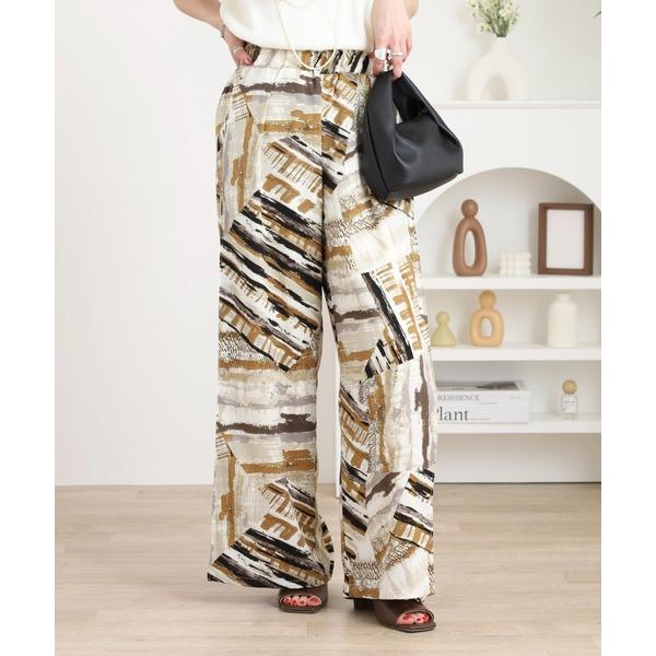 スラックス パンツ アートプリントセミワイドパンツ レディース