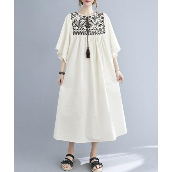 ワンピース 七分袖エスニック刺繍ワンピース
