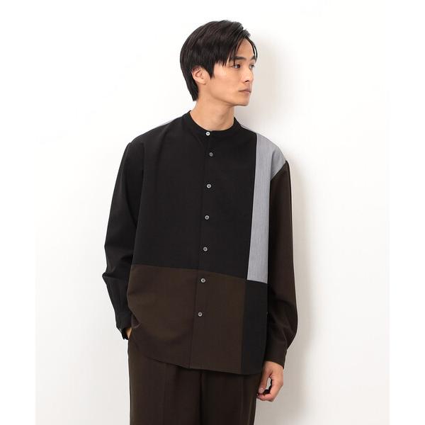 シャツ ウールライク バンドカラーブロッキング 長袖シャツ メンズ