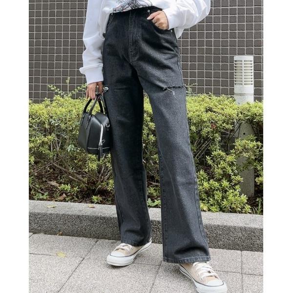 ジーンズ デニム デニムパンツ 「＆soiree」ハイウエストダメージワイドデニムパンツ レディース