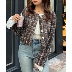 ノーカラーコート コート 「セットアップ対応」2WAYツイードショートジャケット 秋服 レディース