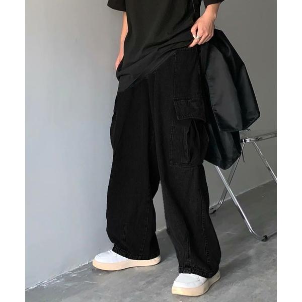カーゴパンツ ウォッシュ加工 デニムワイドバレルレッグカーゴパンツ メンズ レディース
