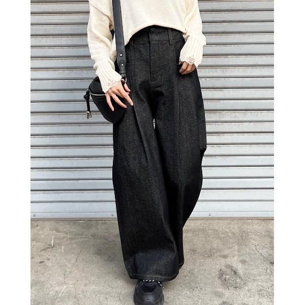 ジーンズ デニム デニムパンツ 「＆soiree」 リジッドタックワイドデニムパンツ レディース