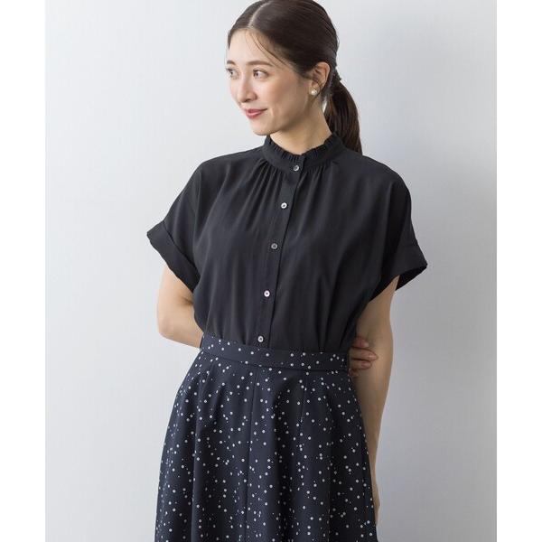 ブラウス シャツ バウンディングシャーティング バンドカラーフリル ブラウス レディース