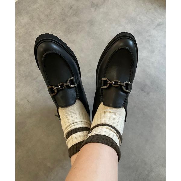 ローファー 「本革/厚底/太ヒール/5cm」厚底 ジップ付ビットローファー レディース