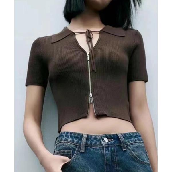 カーディガン ダブルZIPリボン付き半袖リブニット レディース