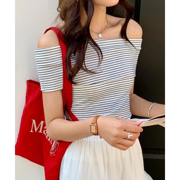 tシャツ 半袖 ボーダーオフショルトップス レディース