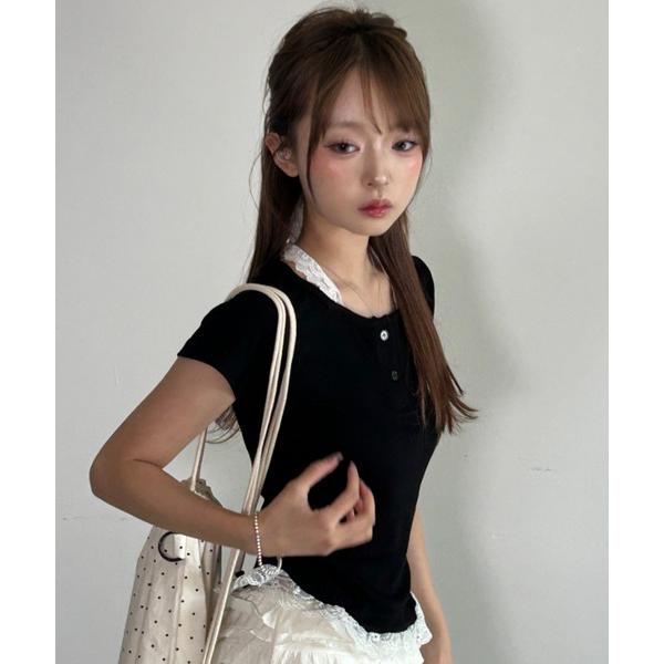 tシャツ 半袖 A'GEM/9 × .kom 「.KOM/ドットケーオーエム」 ヘンリーレースカット...