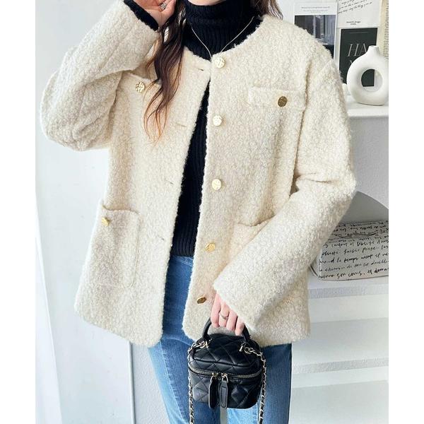 ジャケット ノーカラージャケット リングウールライクゴールドボタンノーカラージャケットコート レディ...
