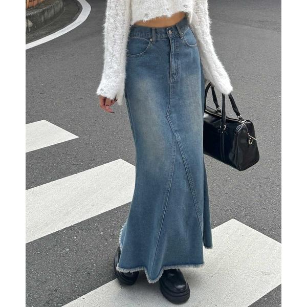 スカート オリジナルパッチ付きマーメイドデニムロングスカート